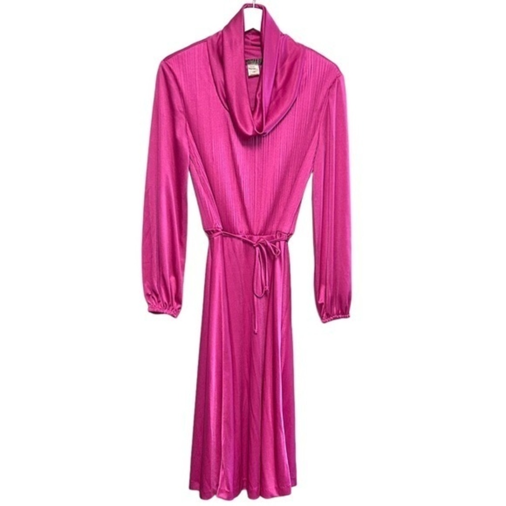 Vintage 80’s dress pink‎ sheen crepe long sleeve cowl neck disco midi tie waste